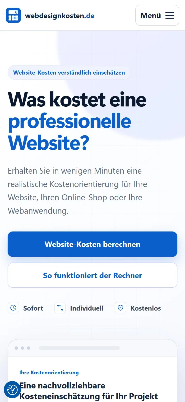 Screenshot von webdesignkosten.de auf dem Smartphone: der Website-Kostenrechner in der mobilen Ansicht